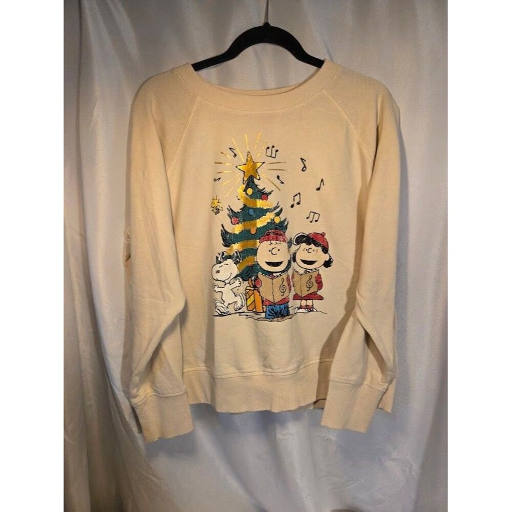 Peanuts Christmas Sweatshirt Charlie Brown Snoopy Caroling Beige Size L